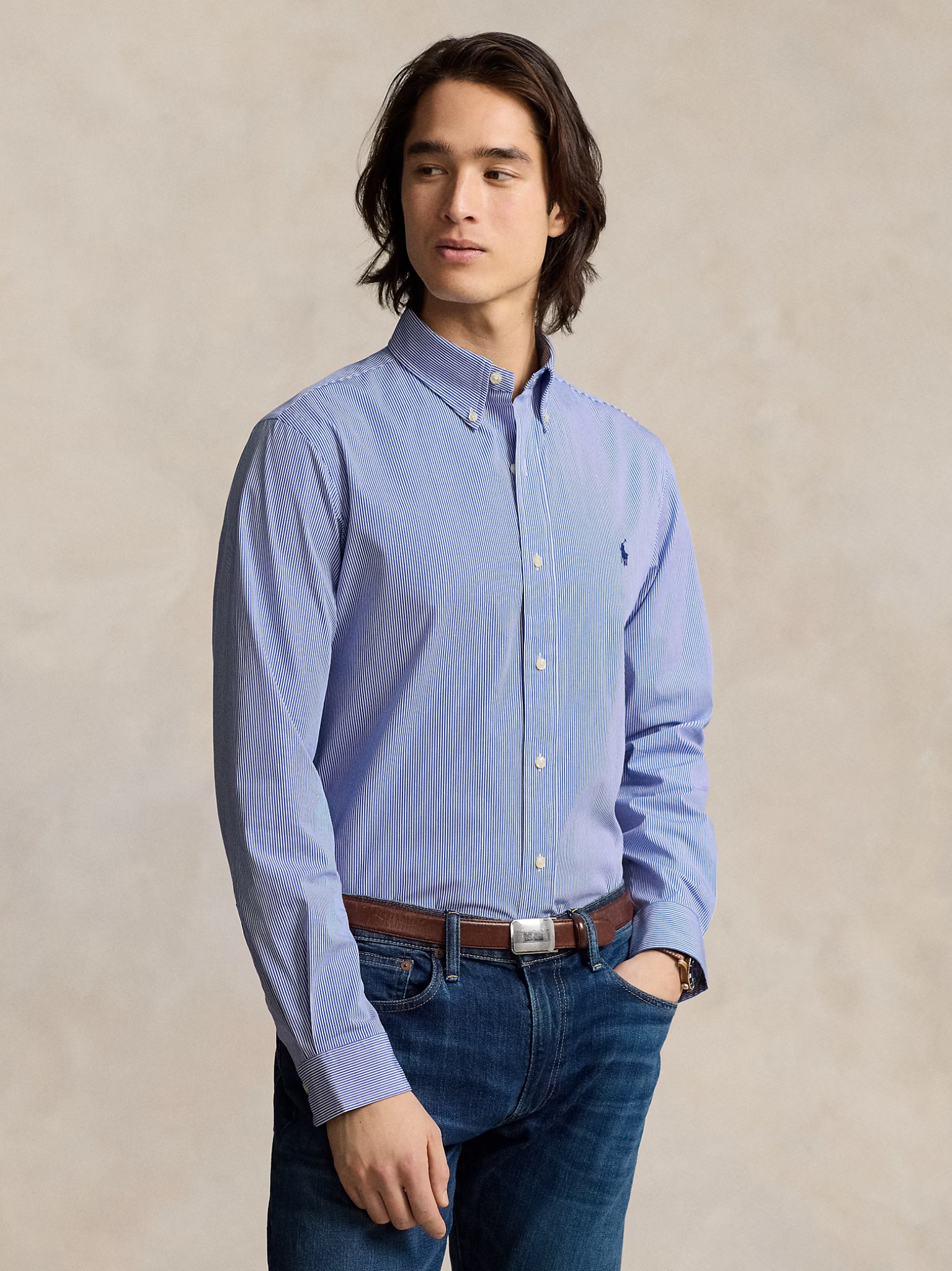 RALPH LAUREN Custom Fit Stretch Poplin Shirt Blue/White Hairline