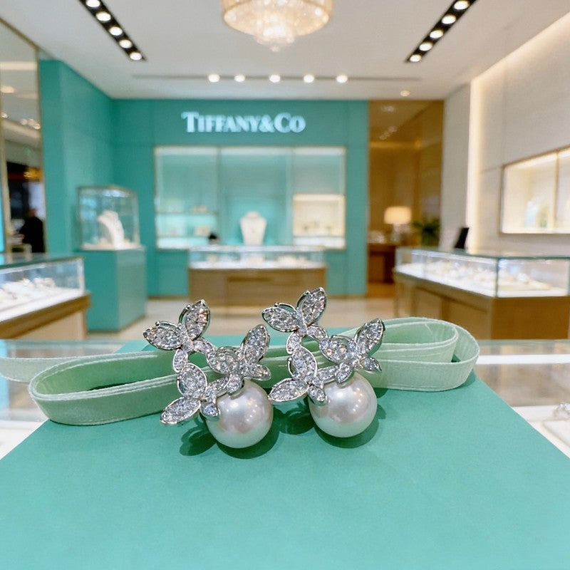 18K Tiffany Diamond Pearl Earrings