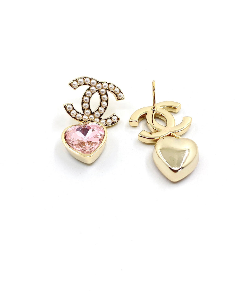 18K  Chanel Pink Heart Crystal Earrings