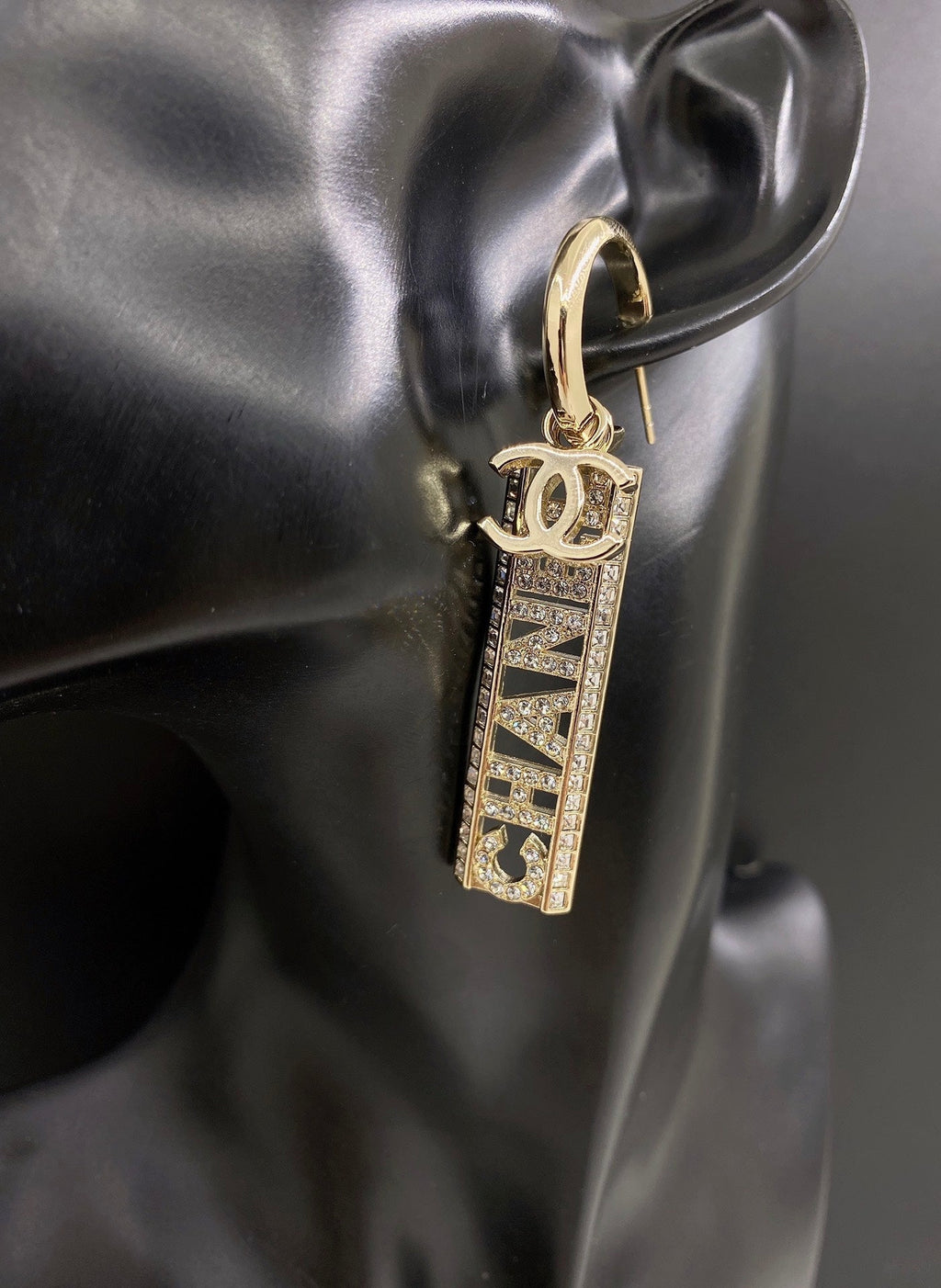 18K  Chanel Crystals Long Letter Earrings