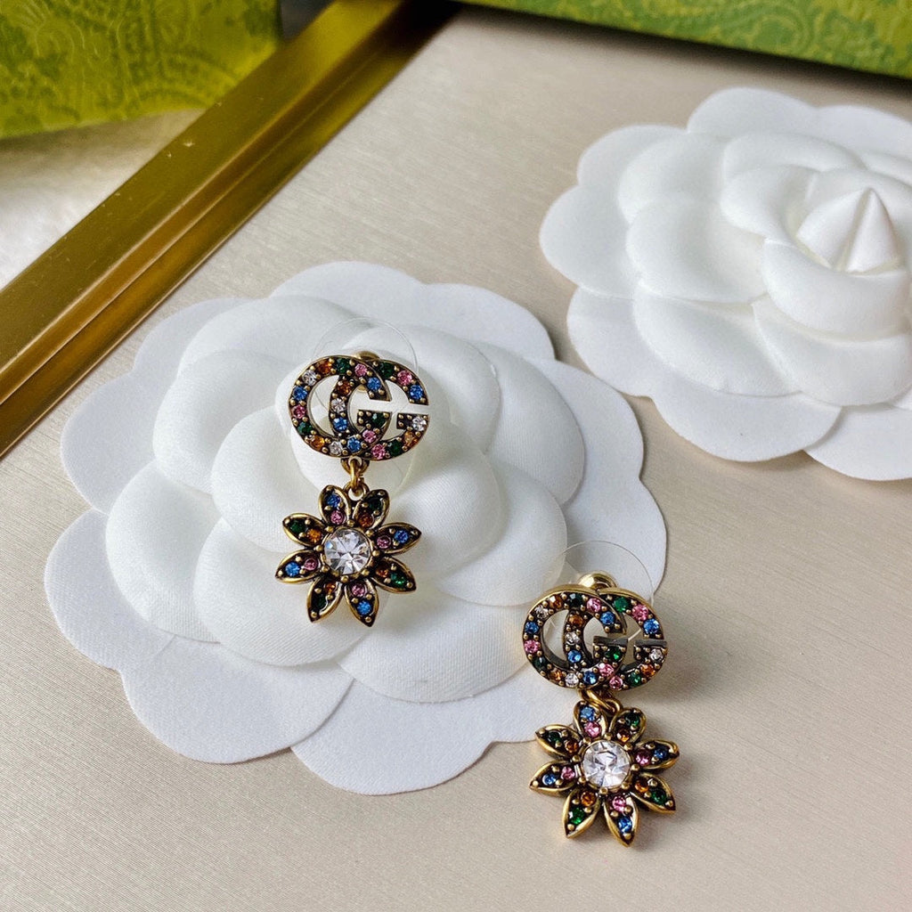 18K Double Gucci Flower Pendant Earrings