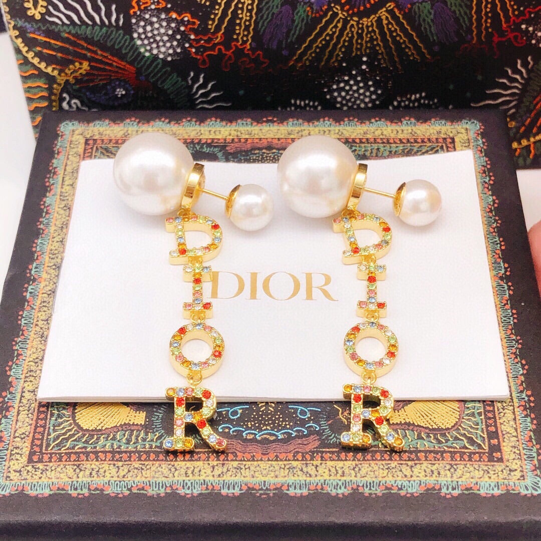 18K Dior Color Crystal Script Earrings